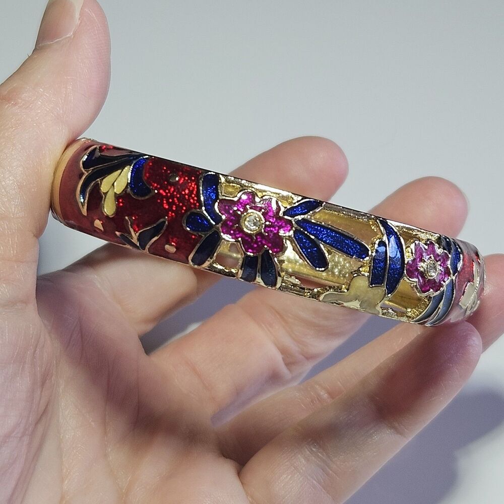 *Sale* Jiu Long Xing Gold Tone Red Blue Cloisonne Flower Hinged Bracelet 7.5" - Picture 13 of 14
